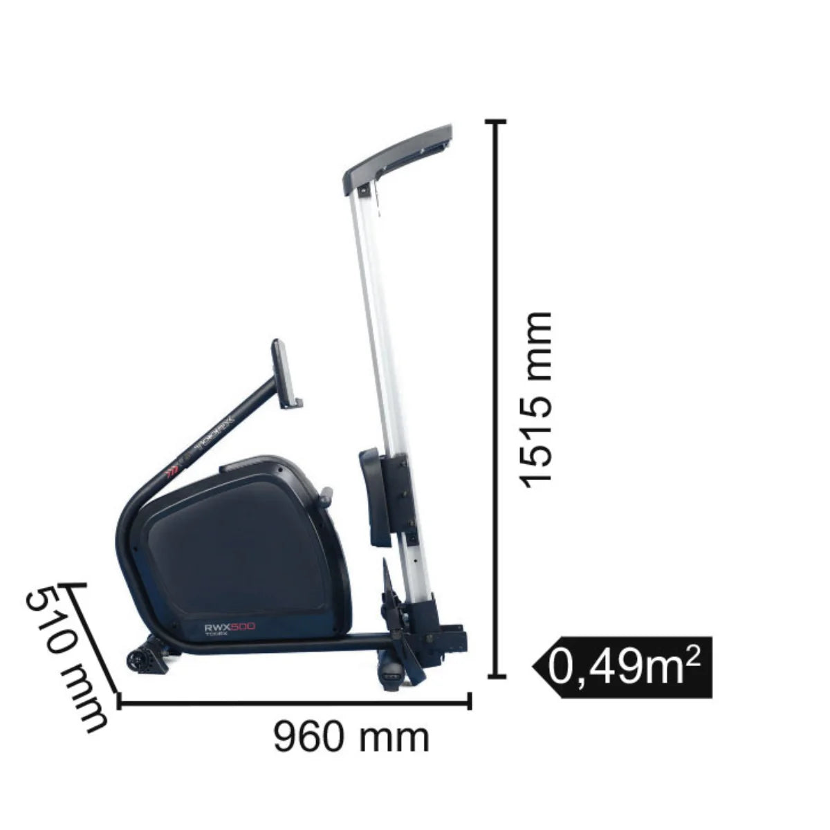 Roeitrainer met maatlijnen: 1515 mm hoog, 960 mm lang, 510 mm breed en een vloeroppervlak van 0,49 m².