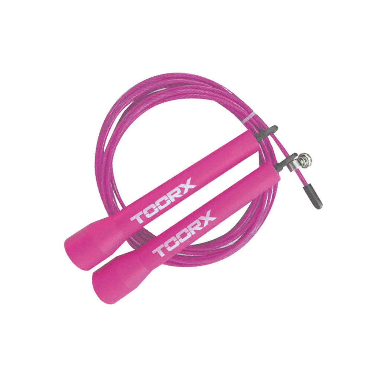 Roze speed rope met roze handgrepen en een dunne kabel.