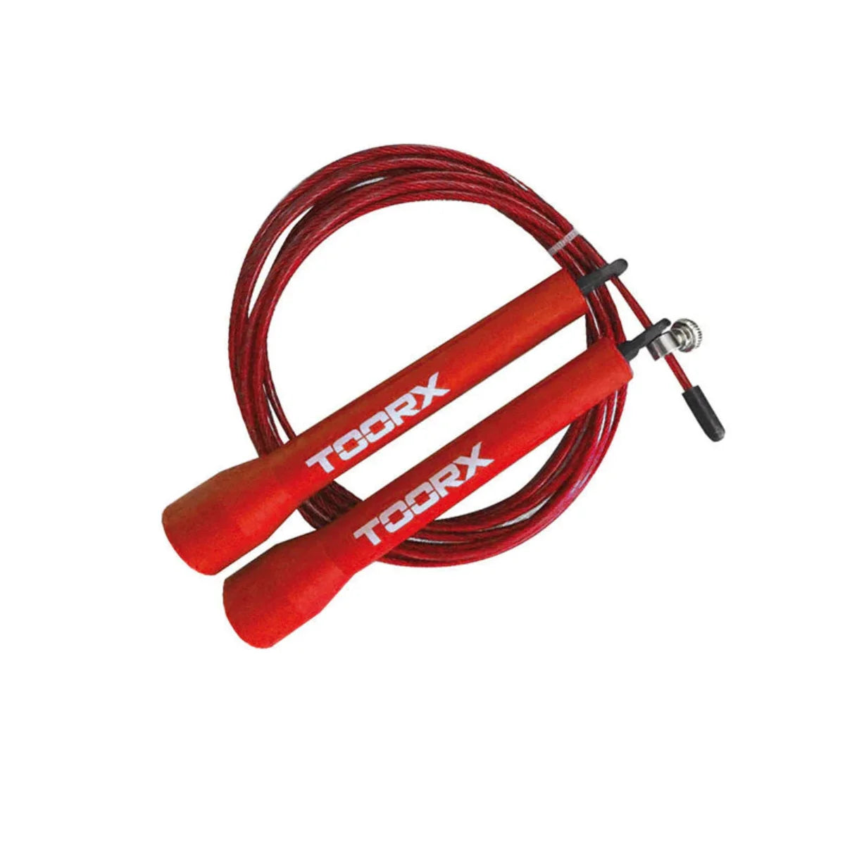 Rode speed rope met rode handgrepen en een dunne kabel.