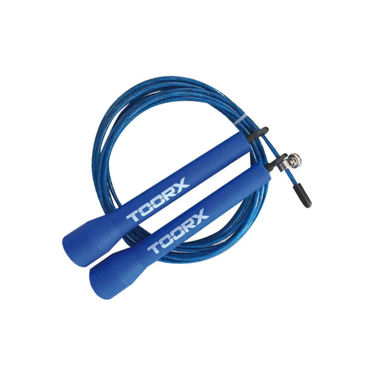Blauwe speed rope met blauwe handgrepen en een dunne kabel.