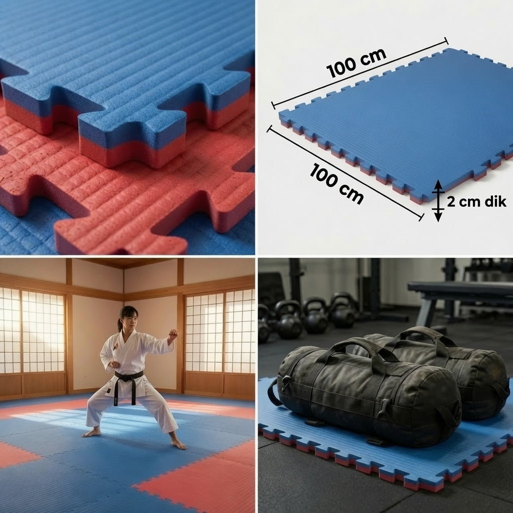 Vierdelige collage met rode en blauwe puzzelmatten, een maatdiagram ‘100 cm’ bij ‘100 cm’ en ‘2 cm dik’, een persoon in witte trainingskleding in een lage houding op de mat en zwarte trainingszakken.