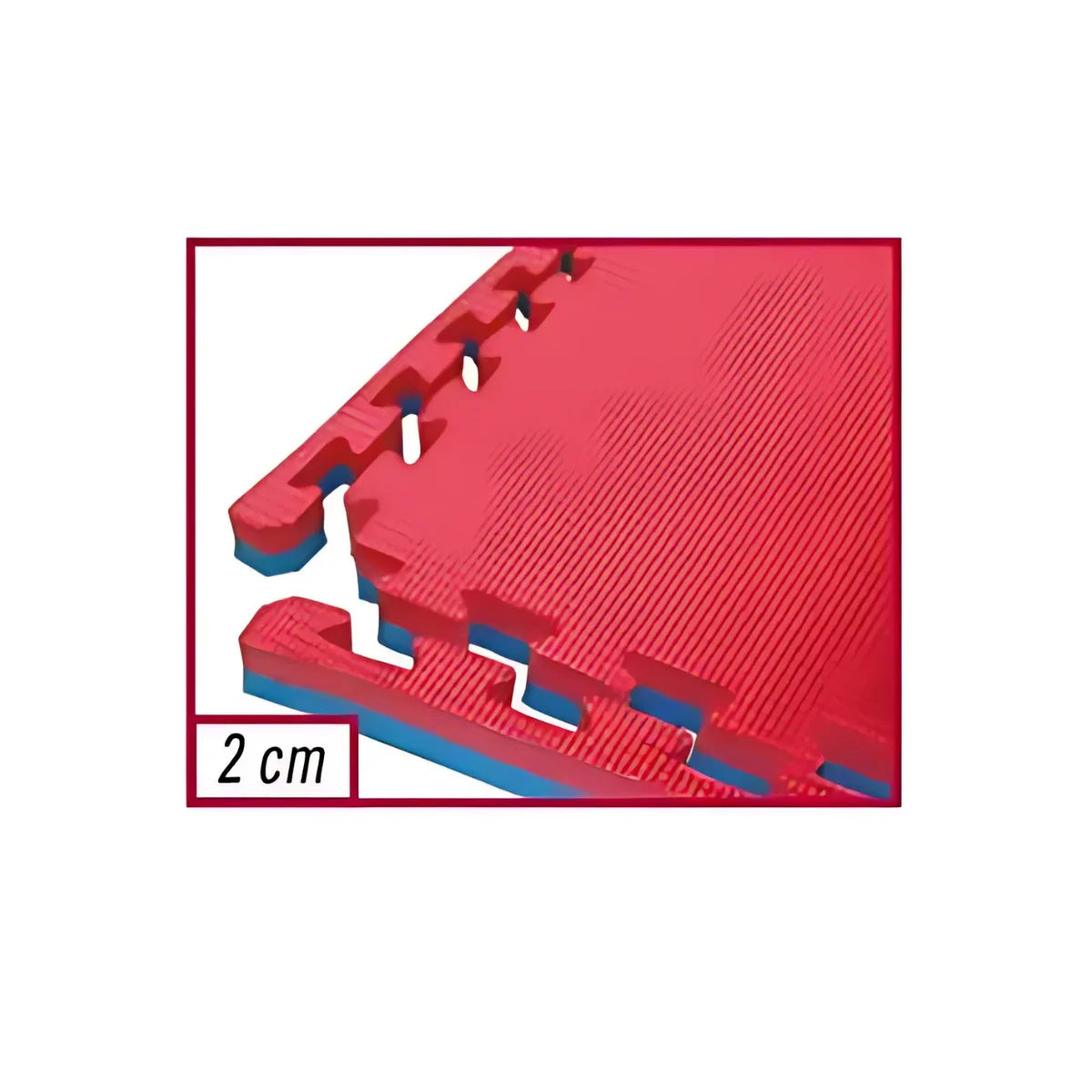 Detailtekening van in elkaar grijpende rode en blauwe matten met aanduiding 2 cm.