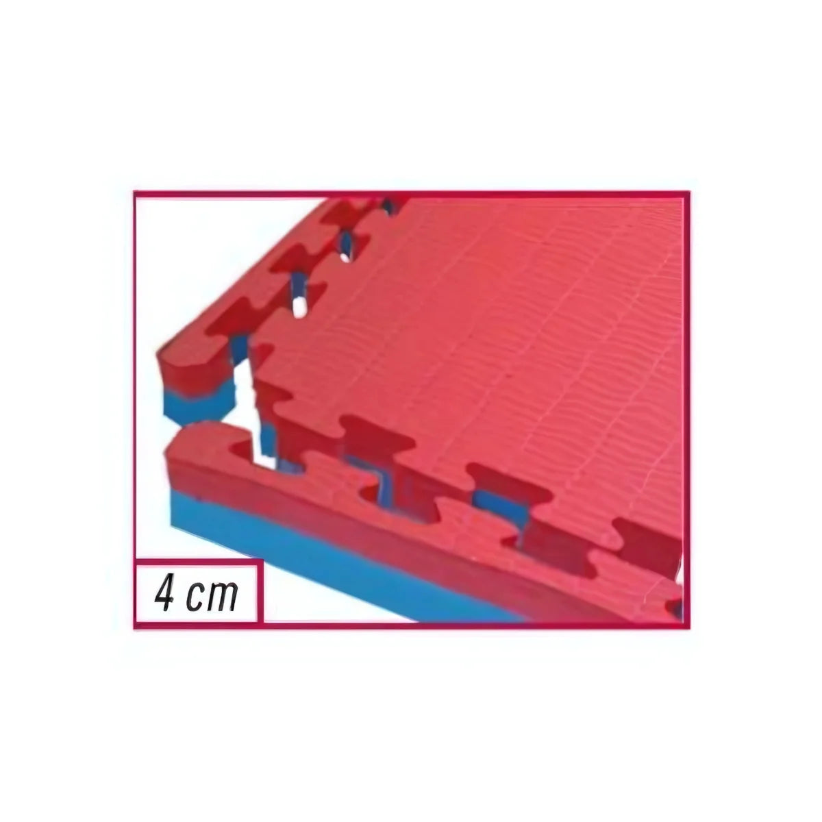 Detailtekening van in elkaar grijpende rode en blauwe matten met aanduiding 4 cm.