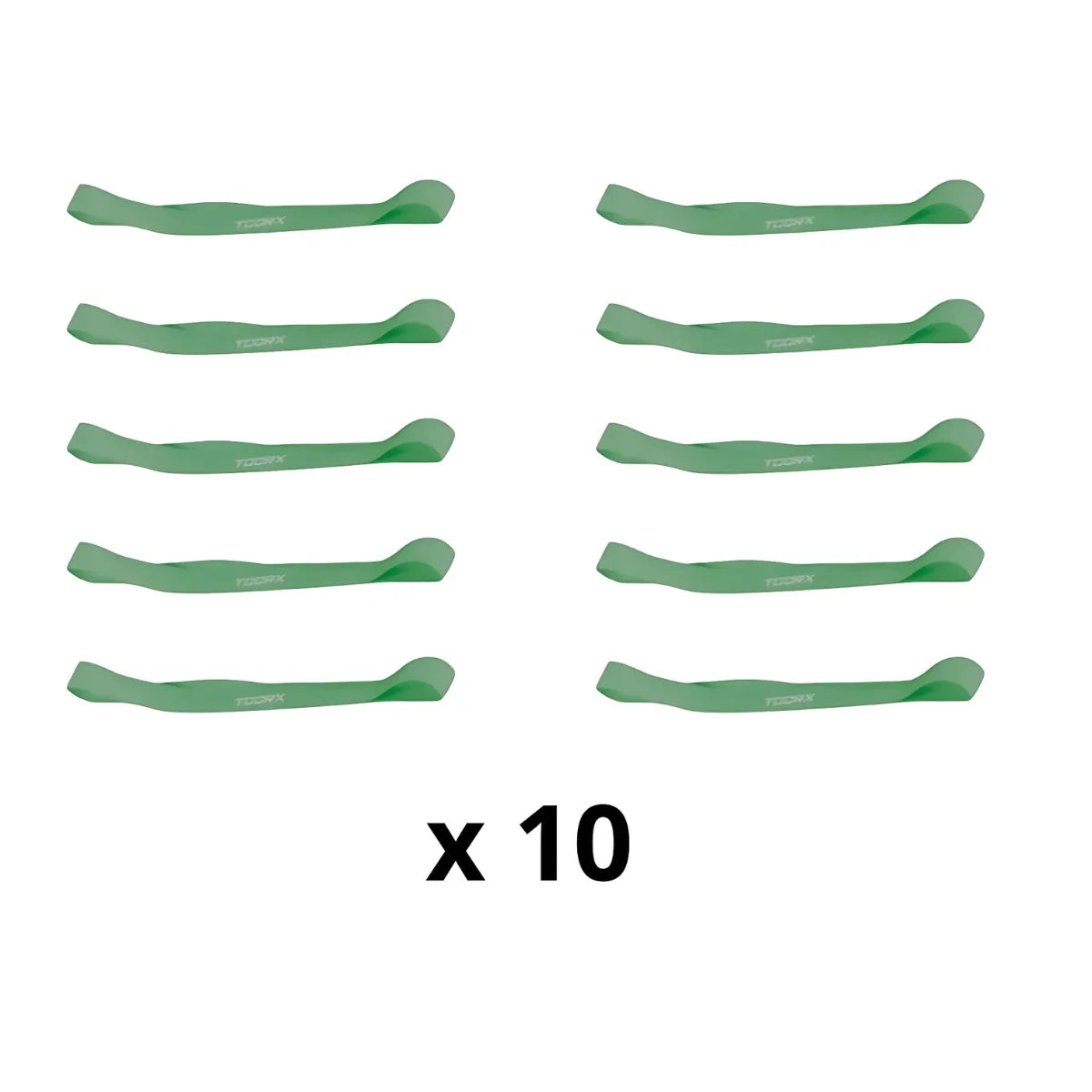 Tien groene mini-weerstandsbanden in twee rijen met de aanduiding ‘x 10’.