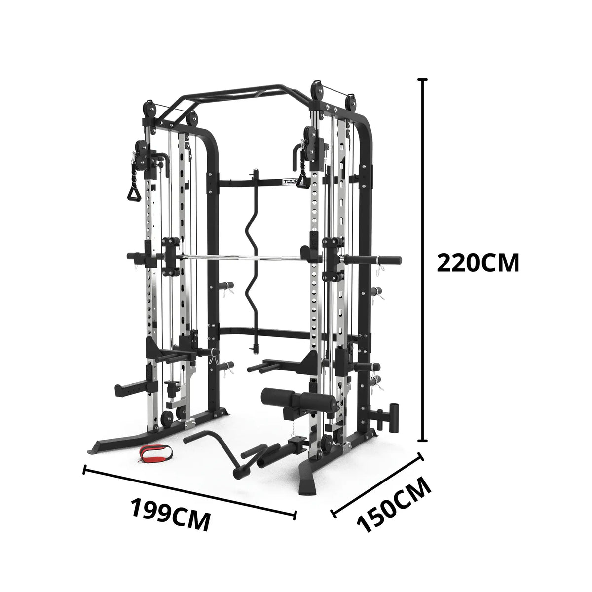 Maatillustratie van een krachttrainingsrek met aanduidingen 220 cm hoog, 199 cm breed en 150 cm diep.