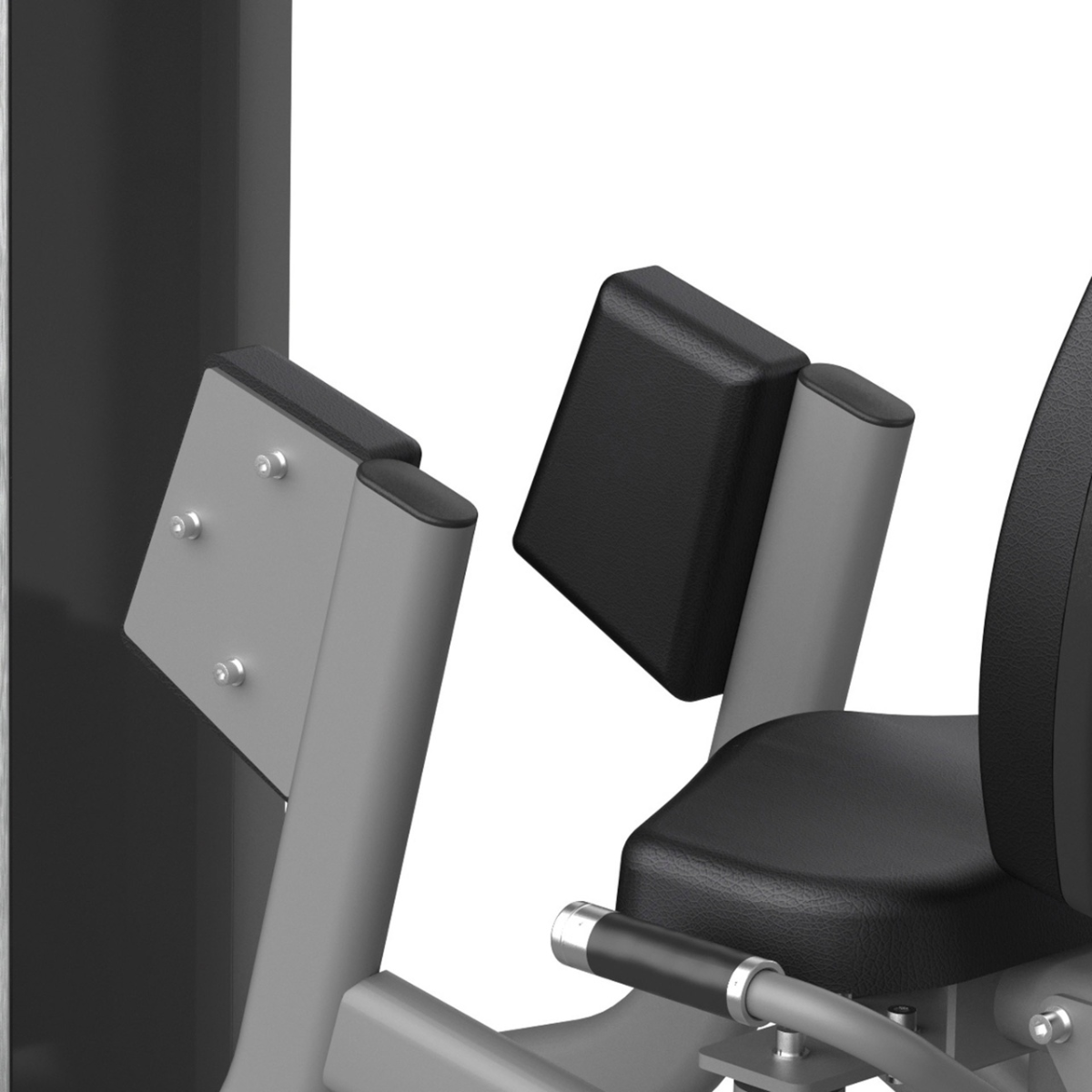 Detail van verstelbare beenkussens en bevestigingspunten van een heupabductormachine.