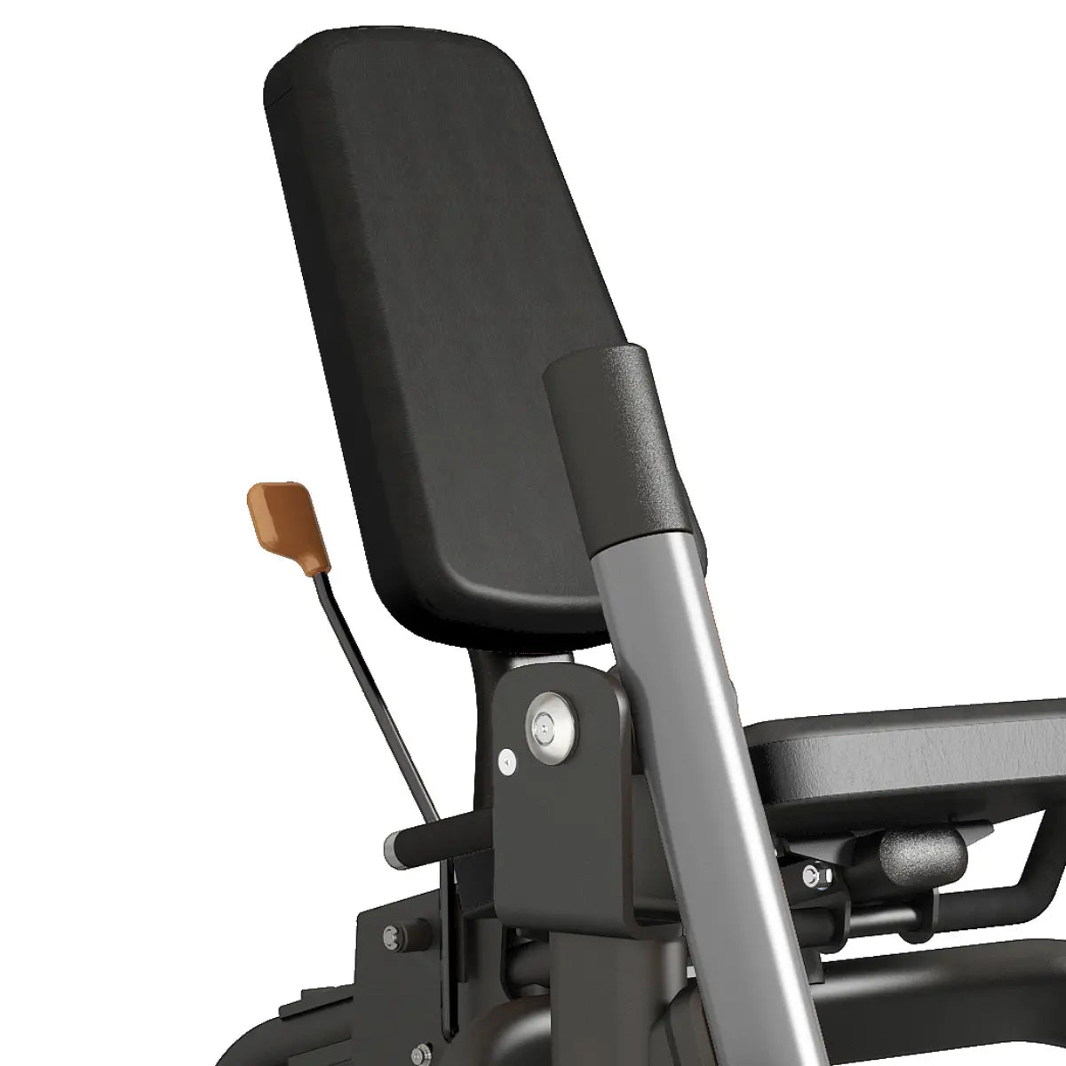 Detail van de gevoerde zitting en beenrollen van een leg-extensionmachine.