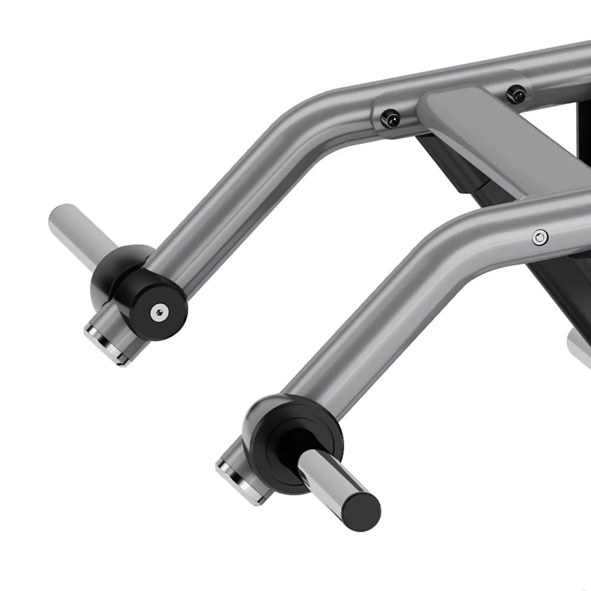 Close-up van de armsteun, zwarte bekleding, metalen frame en gele verstelhendel van een tricepsapparaat.