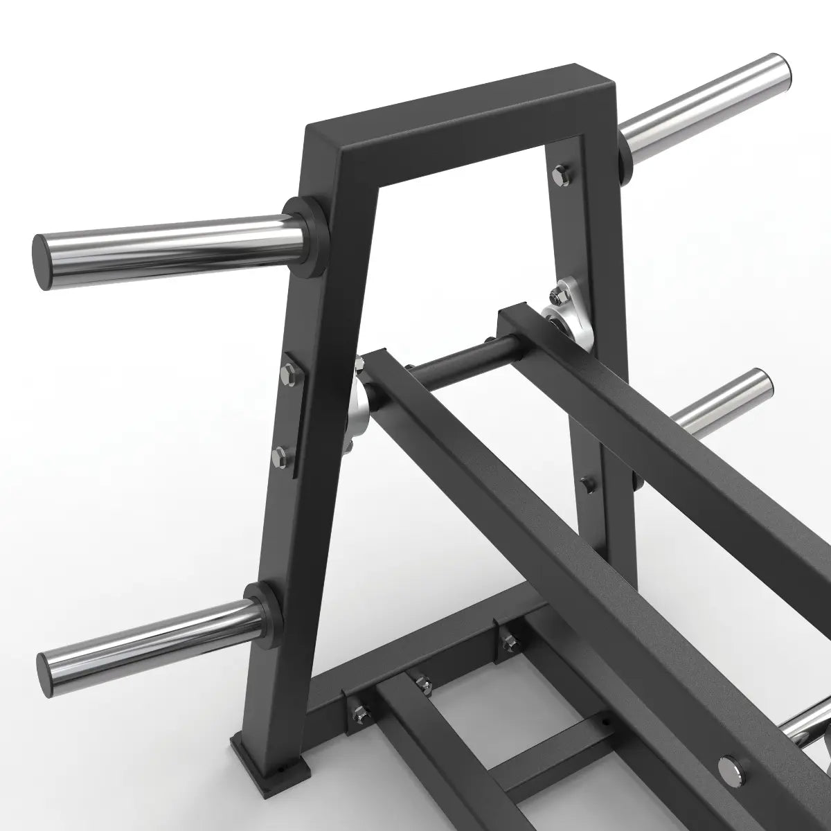 Close-up van het frame met verchroomde gewichtspinnen van een belt squat-machine.