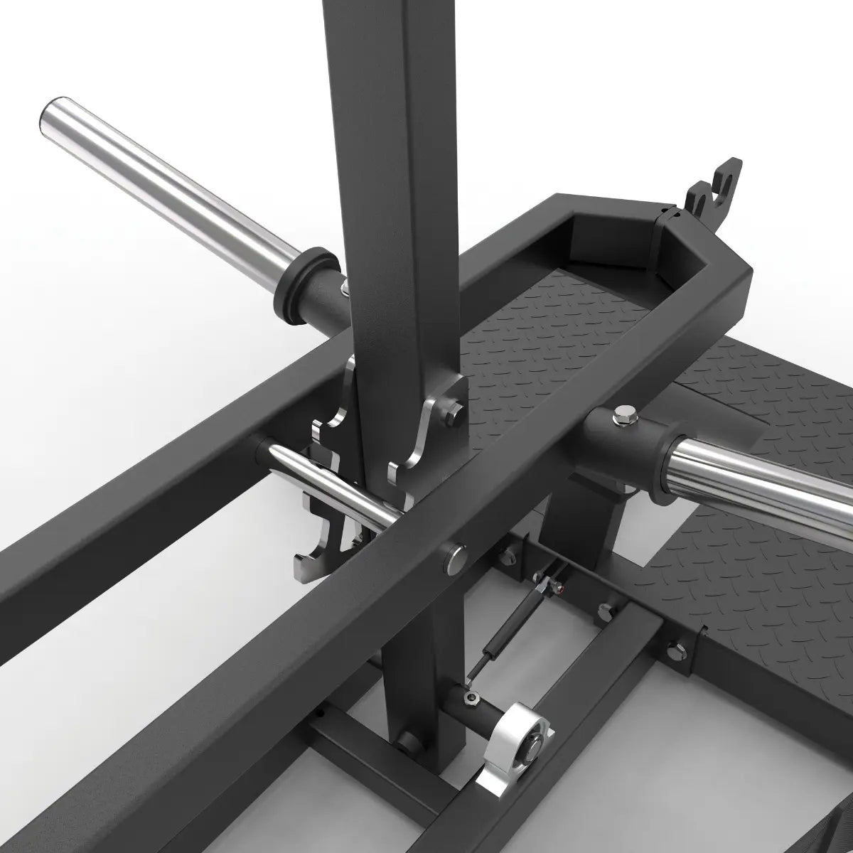 Close-up van de scharnierverbinding en verchroomde stang naast de voetplaat van een belt squat-machine.