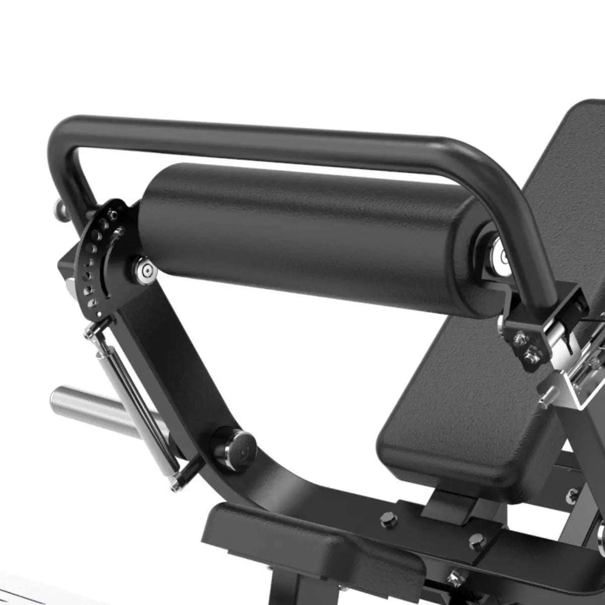 Close-up of the padded support roller and adjustment mechanism on a hip thrust machine.
