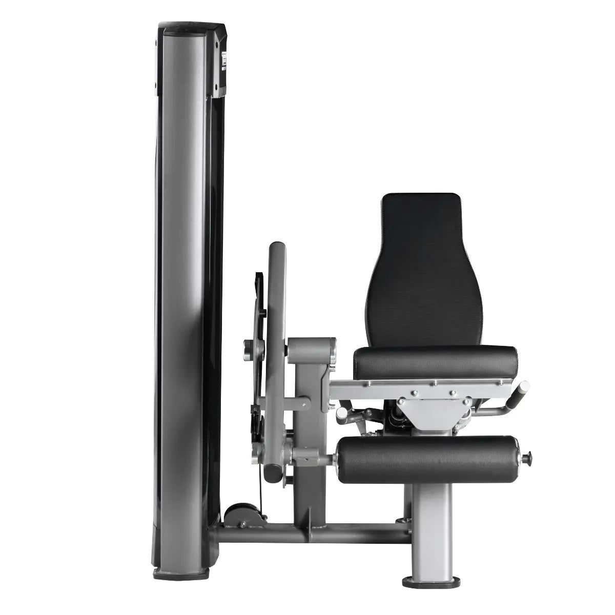 Zijaanzicht van een grijze leg extension-machine met gewichtskolom, zitting en beenrollen.