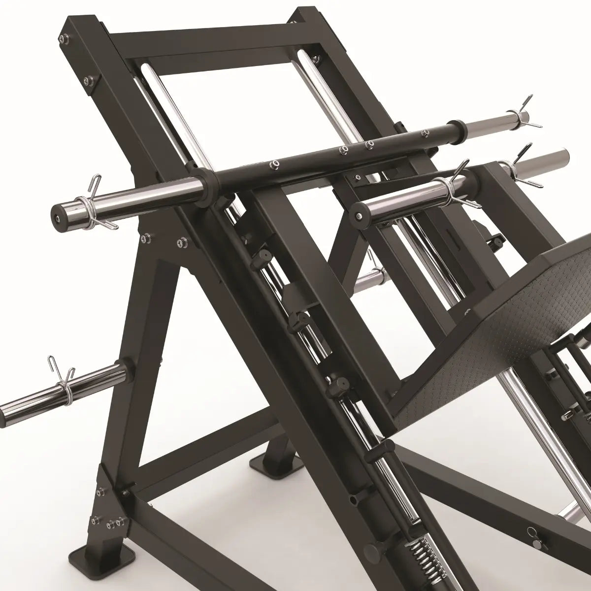 Zwarte isolateral leg press-machine met twee sleds en verchroomde gewichtspinnen.