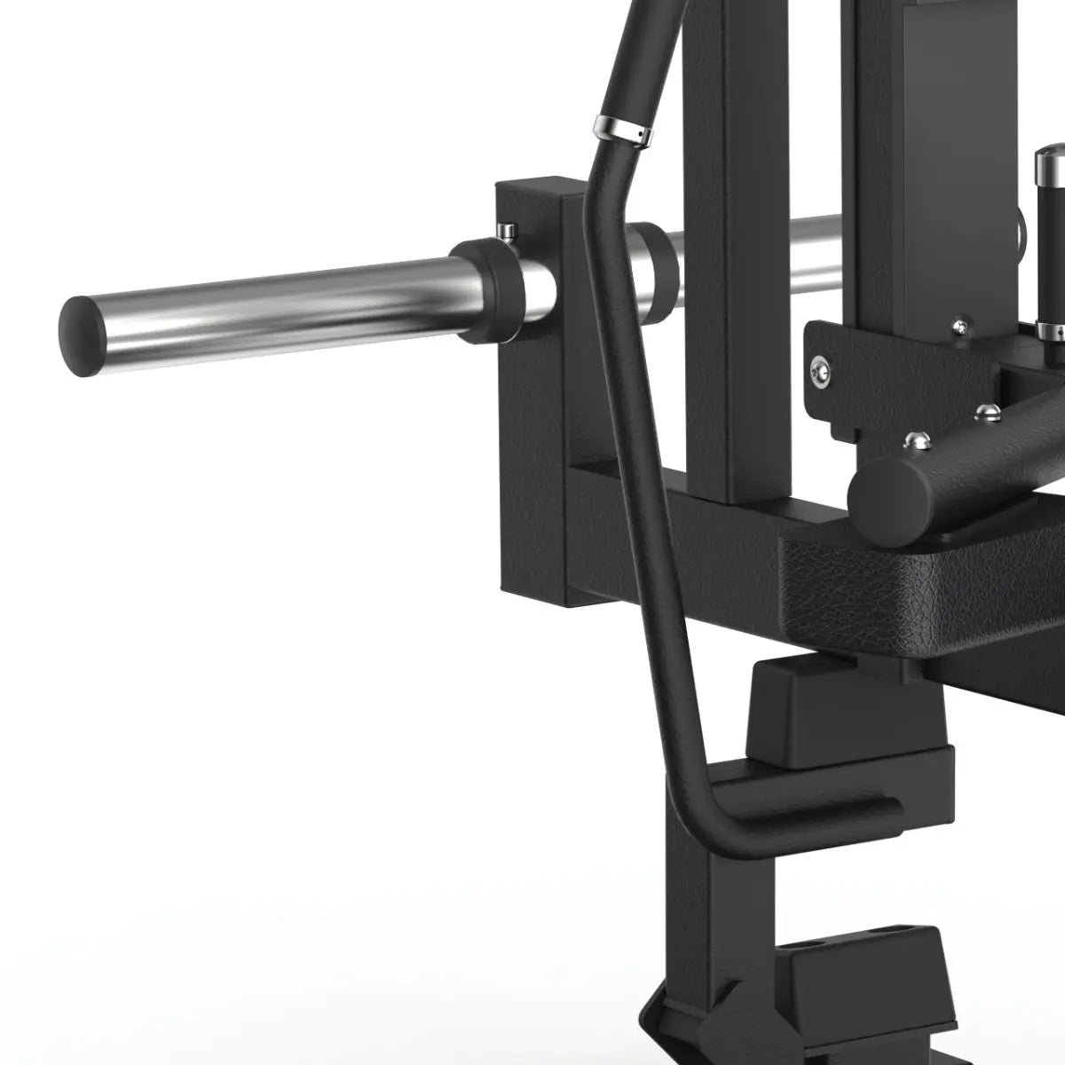 Close-up van het bovenframe en een zwarte beklede steun van een fitnessapparaat.