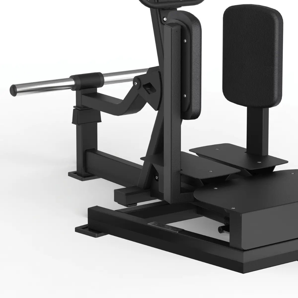 Close-up van het zitkussen, de armsteunen en het verstelmechanisme van een fitnessapparaat.