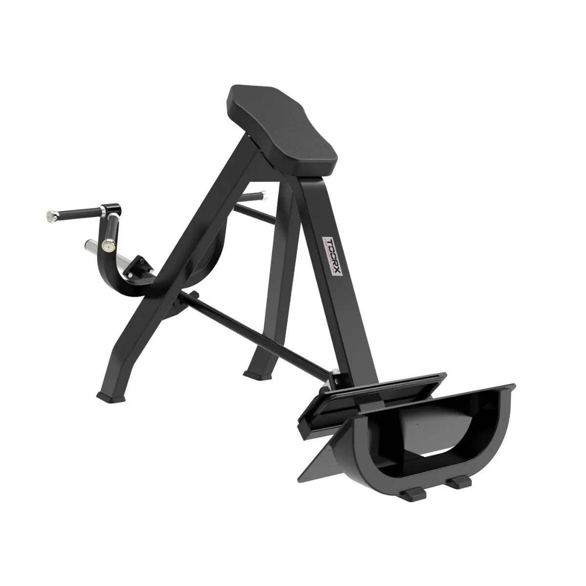 Zwarte standing T-bar-machine met voetplaat, zitting en handgrepen op een witte achtergrond.