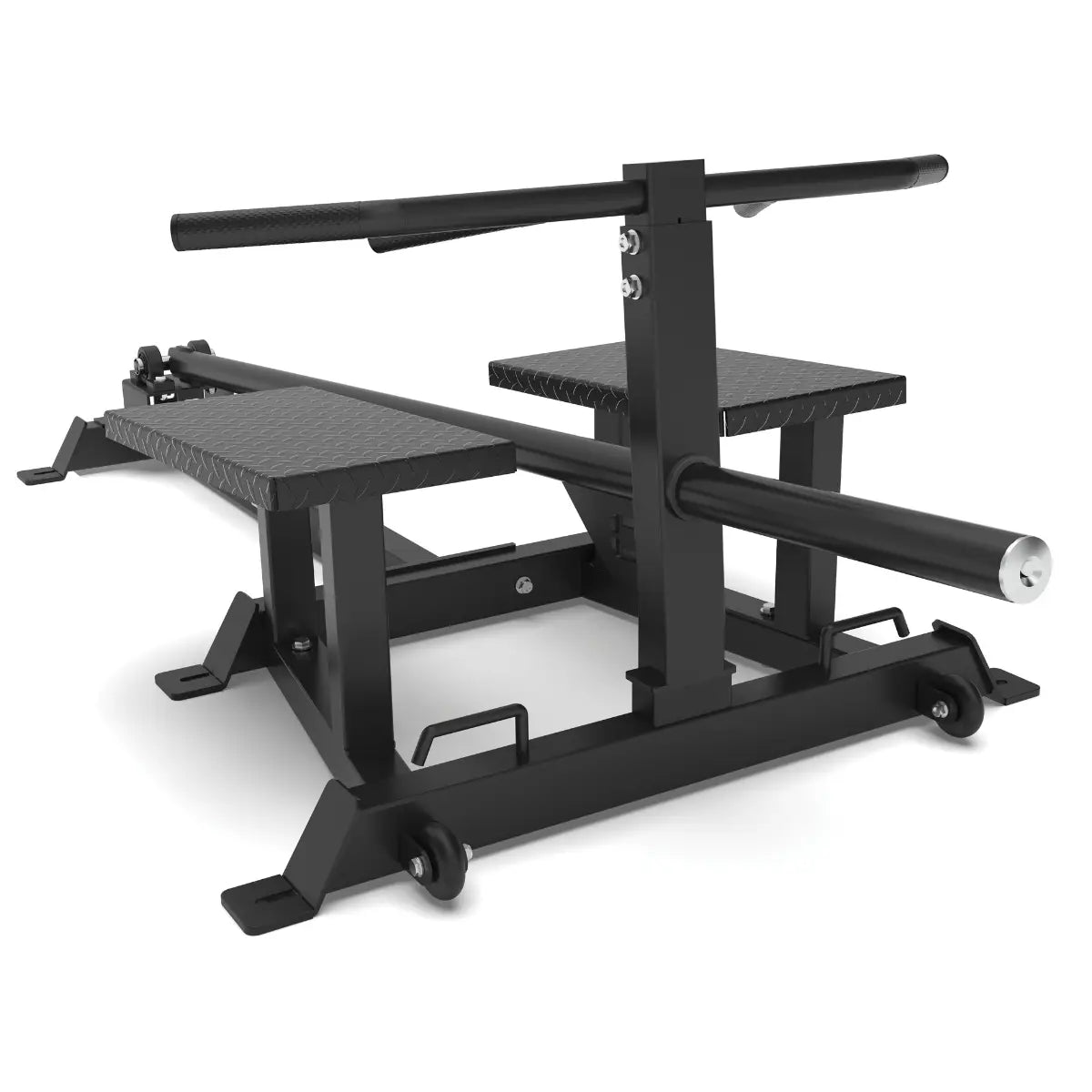 Zwarte plate-loaded T-bar-machine met zitting, voetplaat en lange hefarm, schuin van voren gezien.