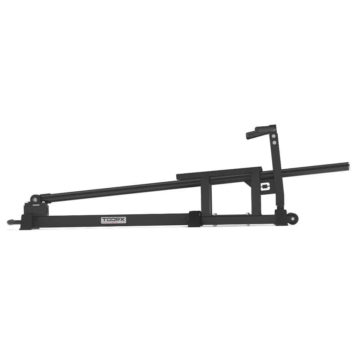 Zijaanzicht van een lange zwarte T-bar-machine met zitting, steunen en hefarm.