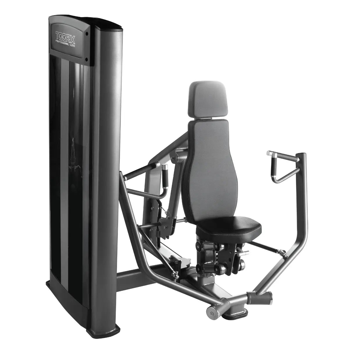 Zwarte chest press-machine met hoge behuizing, gevoerde zitting en twee beweegbare drukarmen.