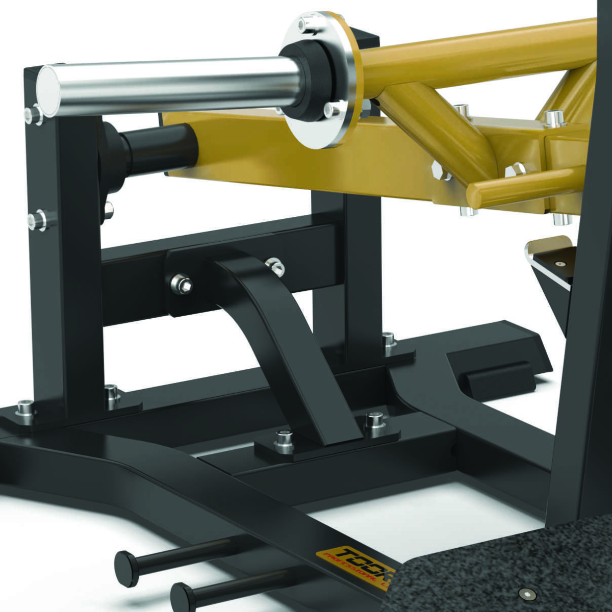 Close-up van een gewichthouder en frameverbinding op een belt-squatmachine.