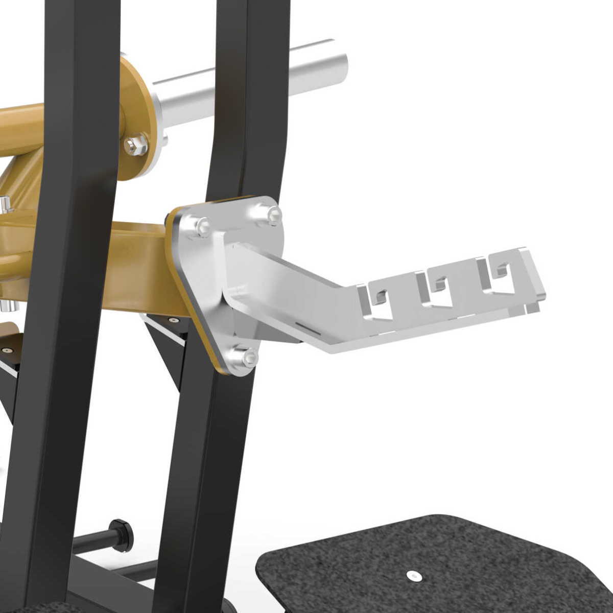 Close-up van de voetplaten en metalen houders van een belt-squatmachine.