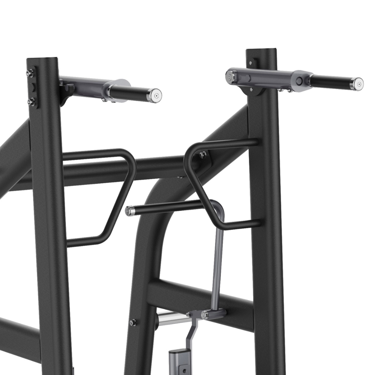 Close-up van het zwarte frame van een fitnessstation met twee uitstekende metalen stangen.