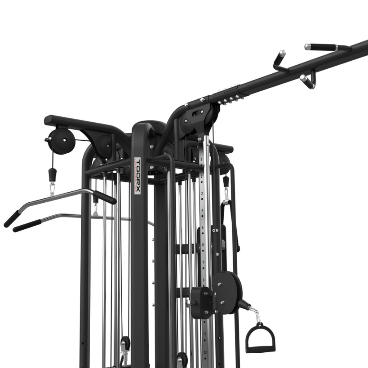 Close-up van het bovenframe van een kabelstation met uitstekende stang en handgrepen.