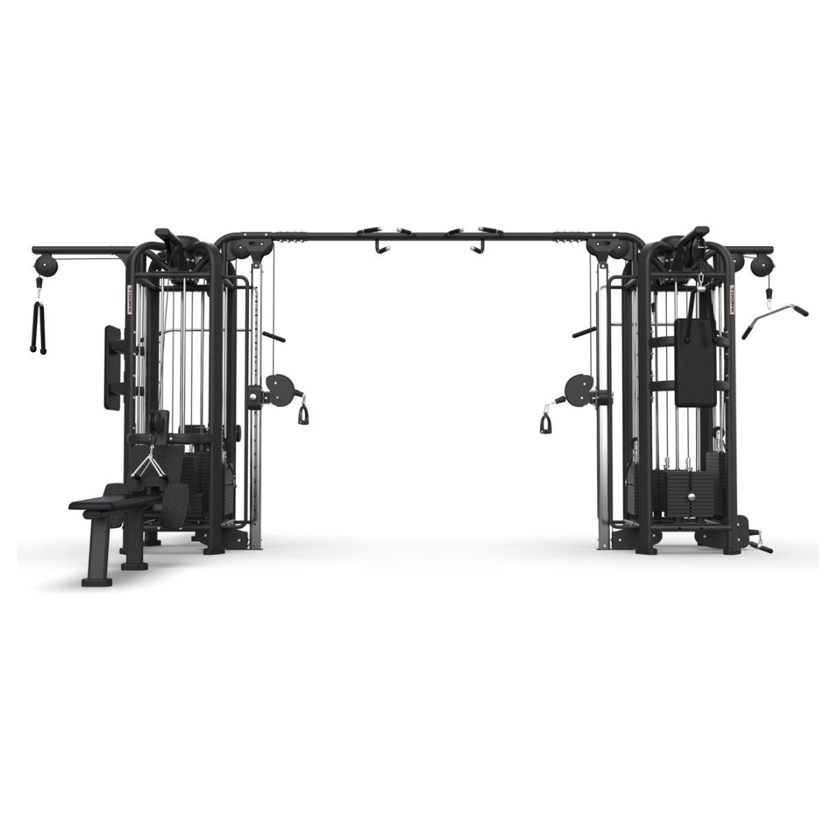 Twee zwarte kabeltrainingsstations naast elkaar, verbonden door een bovenstang.