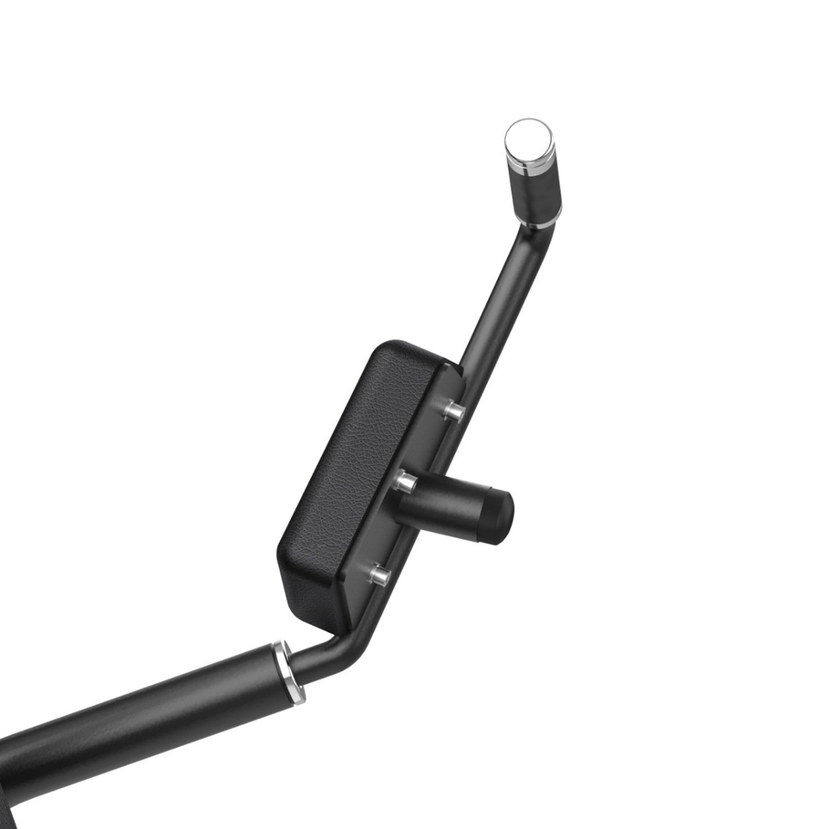 Close-up van een verstelbare armsteun met handgreep op een pectoral-flymachine.