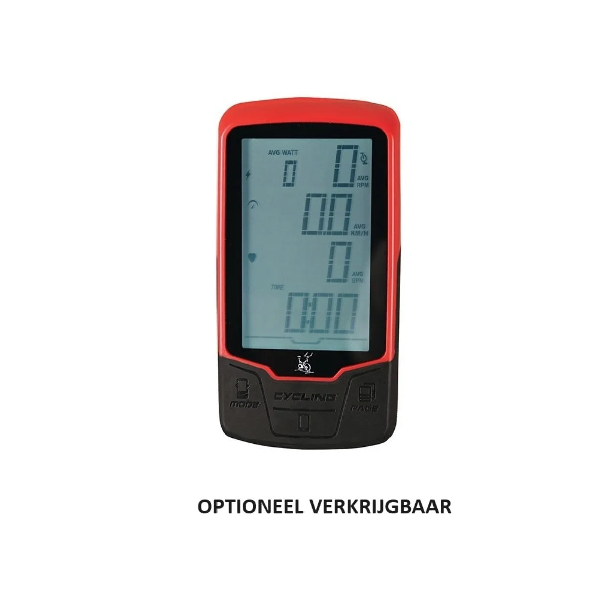 Losse trainingscomputer met rood-zwarte behuizing en de tekst ‘OPTIONEEL VERKRIJGBAAR’.
