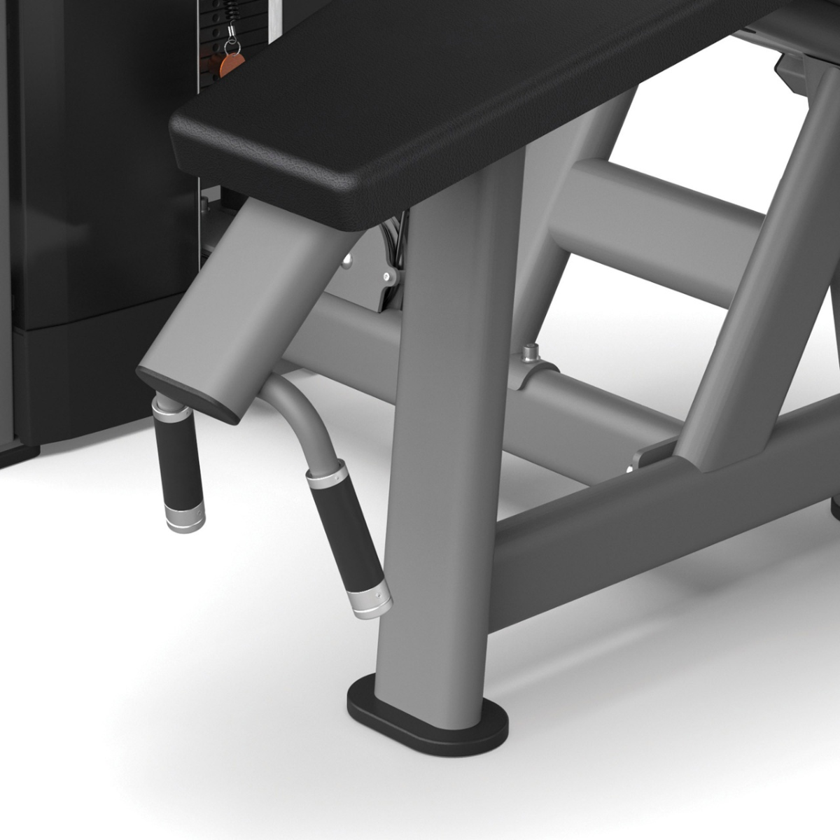 Detail van onderste frame en steunpoten van een liggende beenbuigmachine.