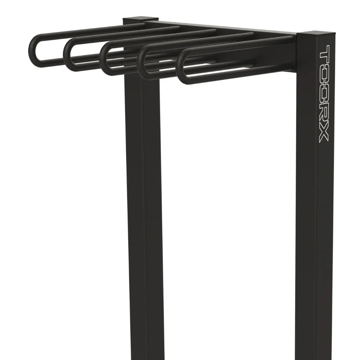 Close-up van de bovenste horizontale houders en het frame van een zwart body bar-rek.
