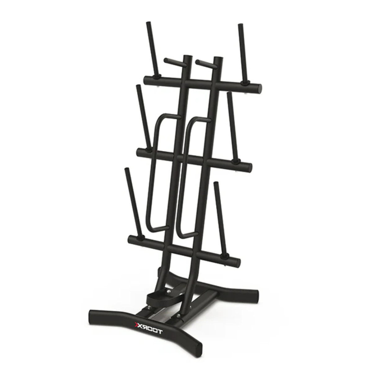 Zwart metalen Toorx-opbergrek met meerdere niveaus en gebogen houders voor trainingsstangen.