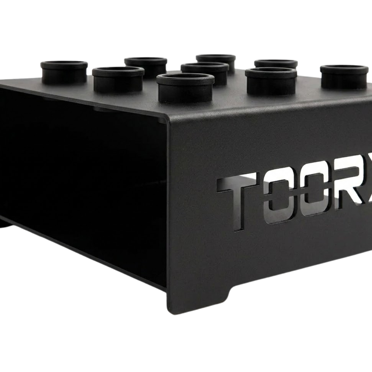 Zwart Toorx-opbergblok met cilindervormige houders en ‘TOORX’-logo op de zijkant.