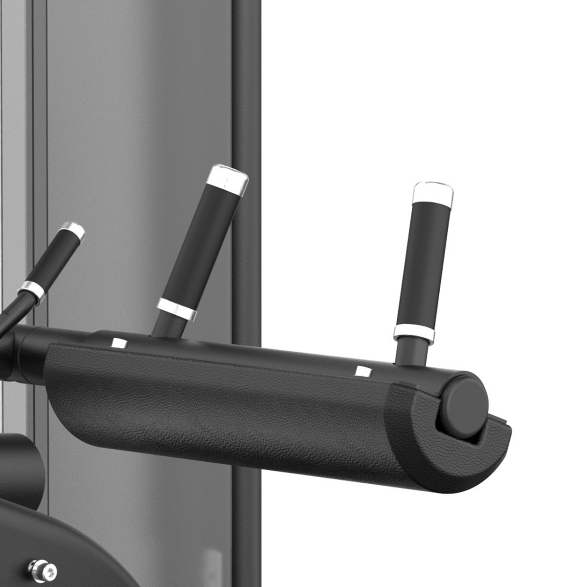 Close-up van de beenrollen en handgrepen van een leg curl-machine.