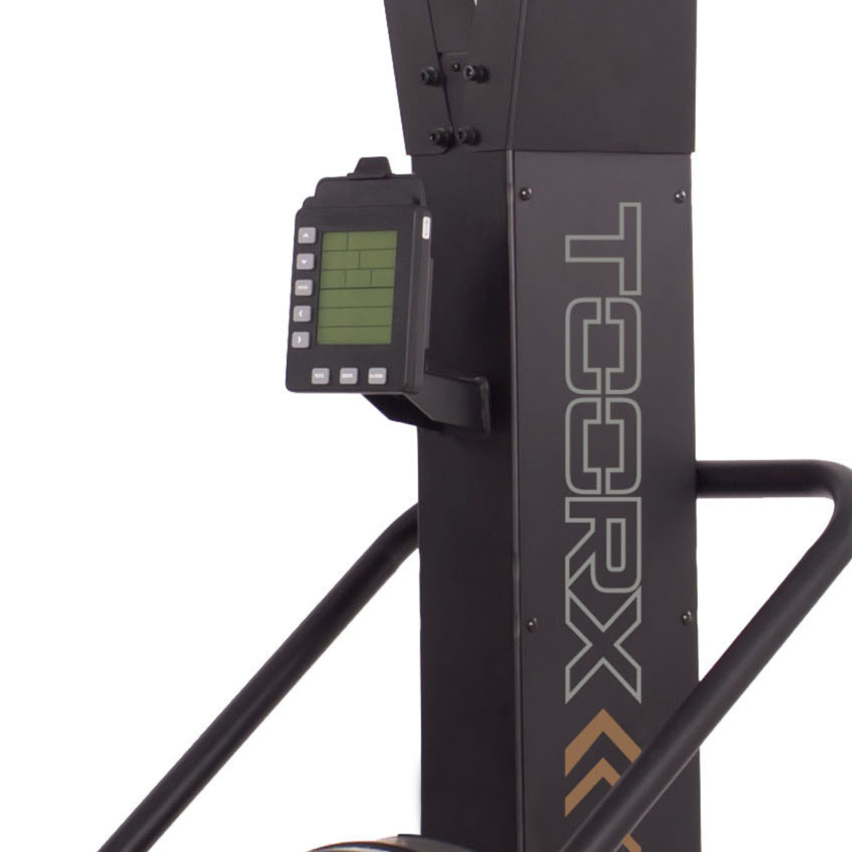 Close-up van het display en het TOORX-logo op een verticale ski-trainer.