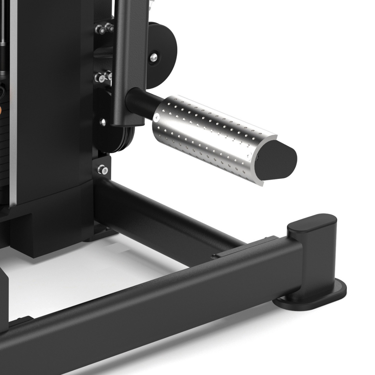 Close-up van een metalen cilindervormige houder onderaan een krachtmachine.
