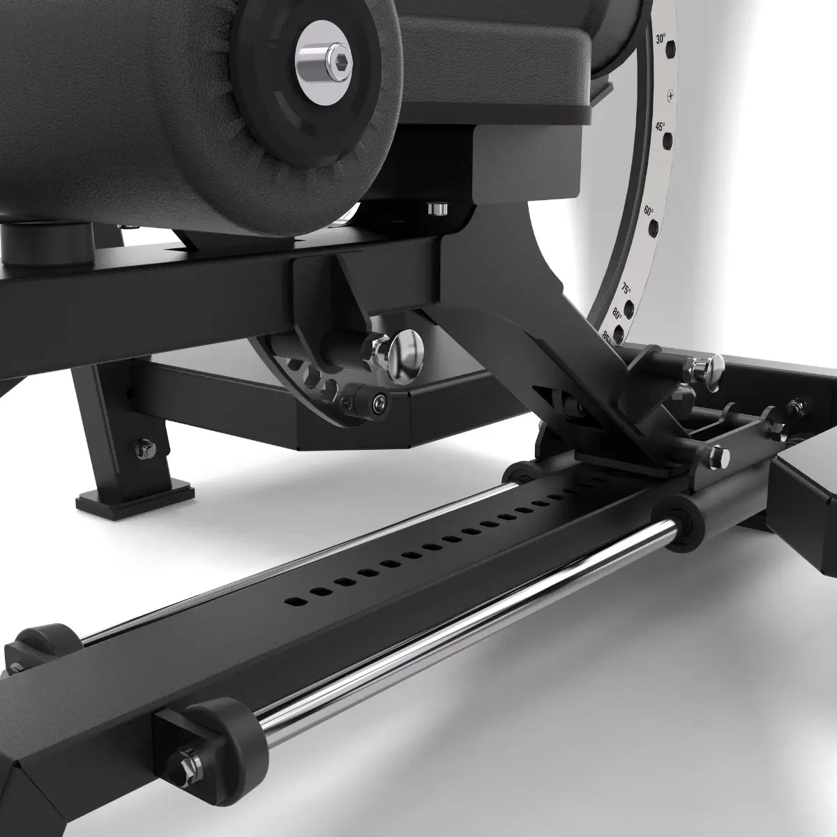 Detail van het bankonderstel met rails, bekleding en voetrollen.