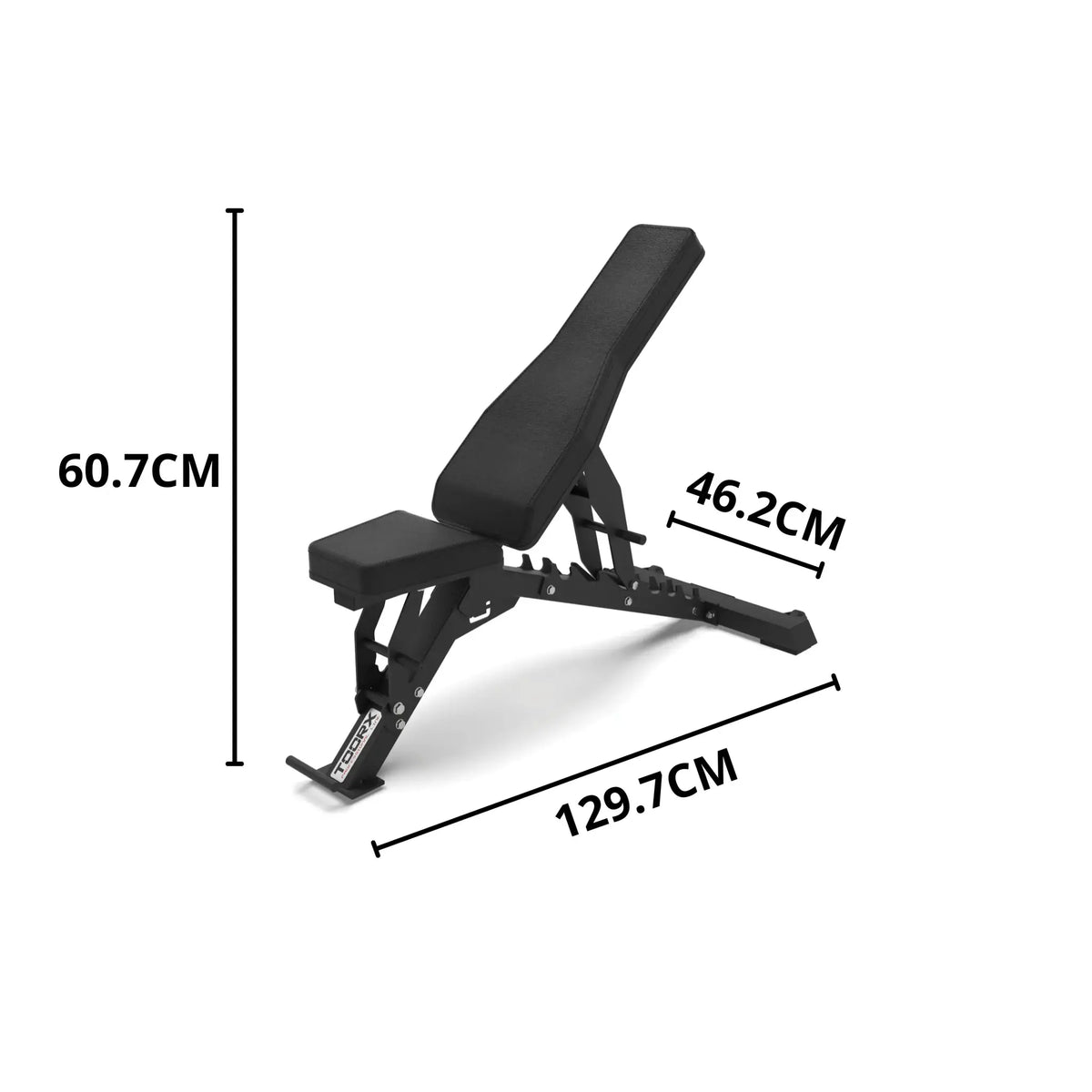 Zijaanzicht van een verstelbare trainingsbank met maatlabels 60,7 cm, 129,7 cm en 46,2 cm.