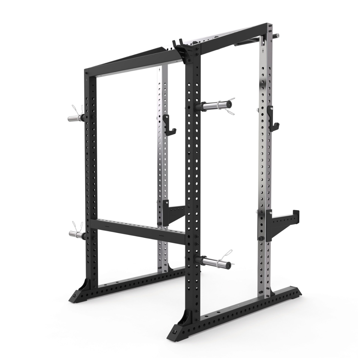 Zwart metalen power rack met haltersteunen en opslagpennen, schuin van voren gezien.