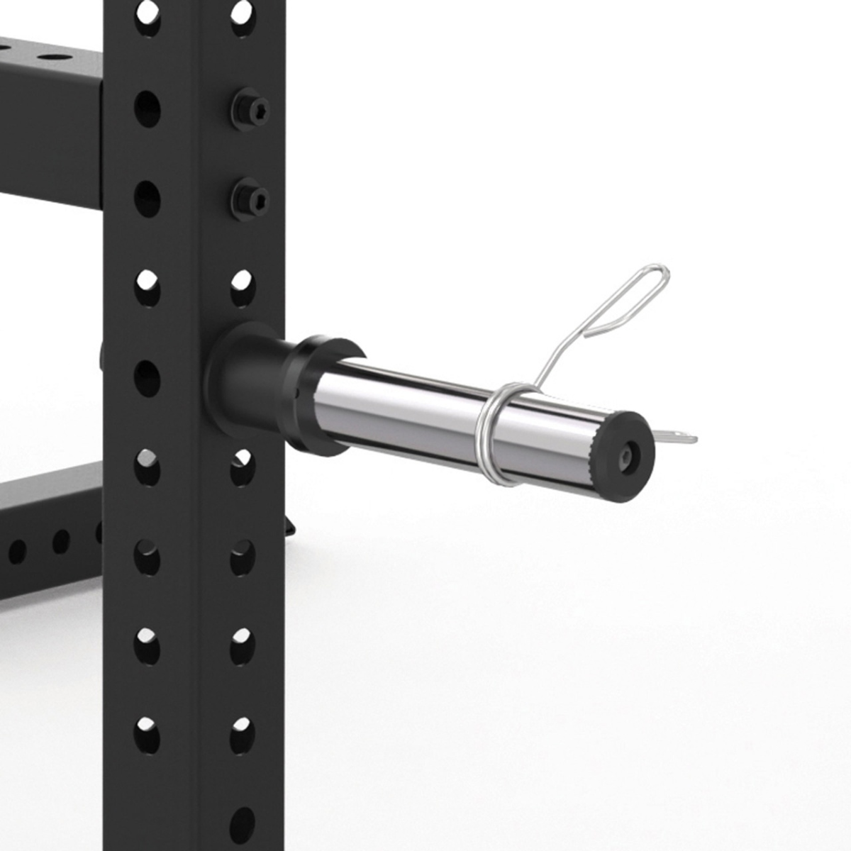 Close-up van geperforeerde power-rackstaander met halterschijfpen en borgclip.